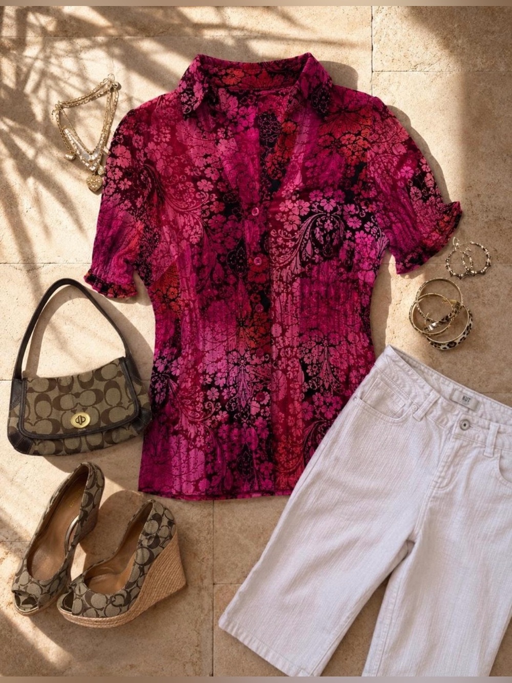Vintage Y2K Magenta Paisley Floral Blouse Women’s Button Front Sheer Grunge Top